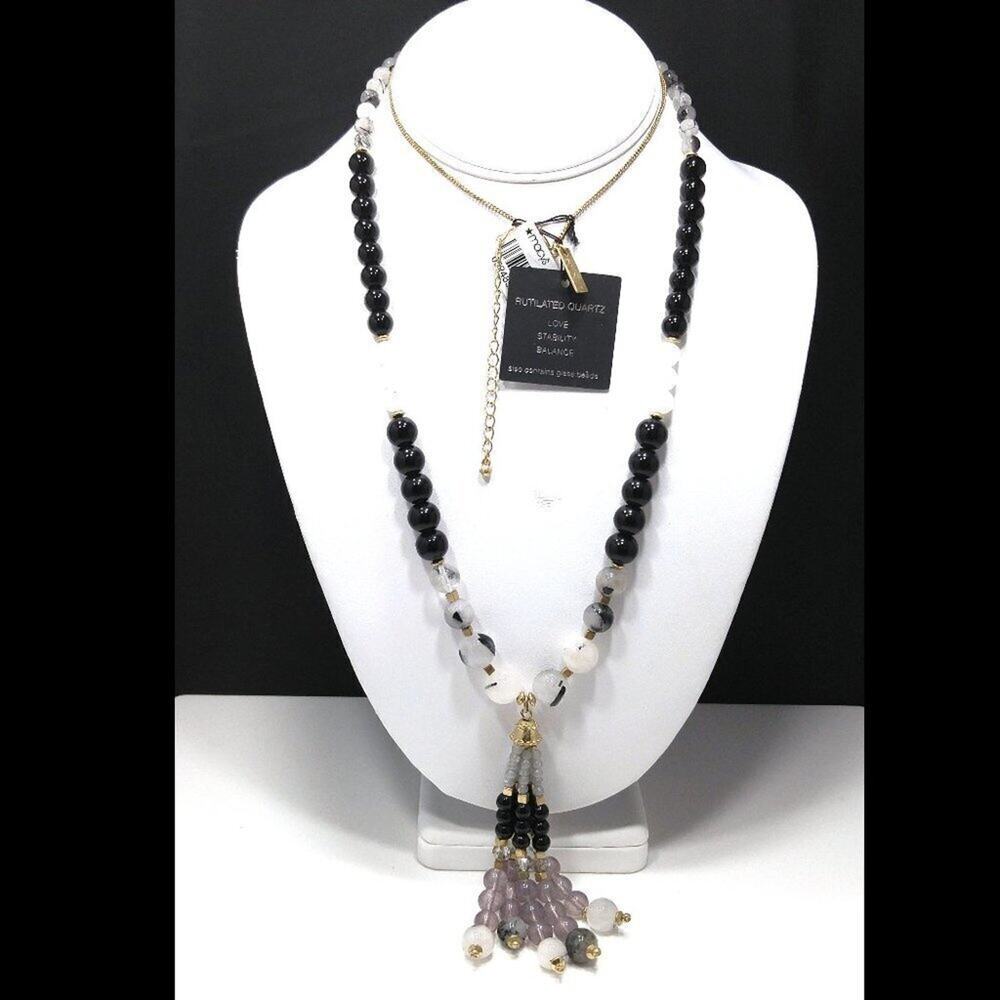 Vintage Gemstone & Glass Beaded Necklace, Tassel Pendant, 1990s
